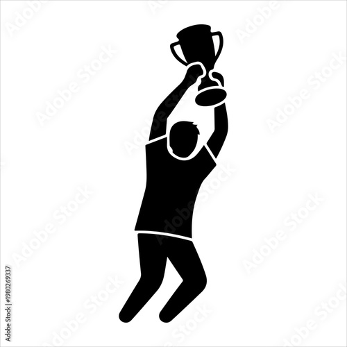 Silhouette of a person holding a trophy in a triumphant pose.