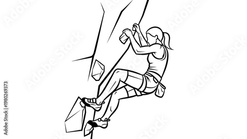 Line drawing of a woman rock climbing on a steep cliff face with a harness and ropes.