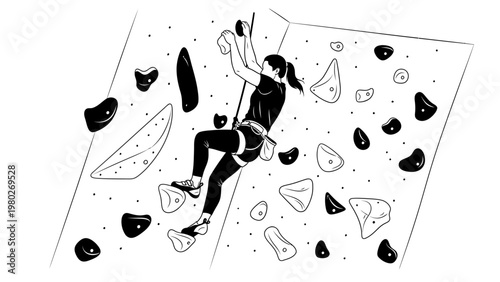 A person climbing an indoor rock wall with various grips and holds in a black and white line drawing with a neutral background.