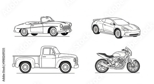 Vintage and Modern Vehicles Collection: Car, Convertible, Pickup Truck, and Motorcycle Line Art