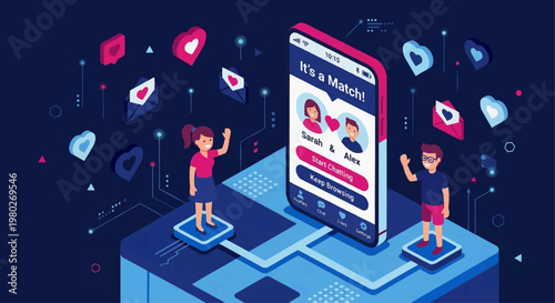 Isometric Online Dating App Concept on Smartphone Vector