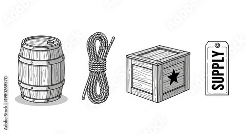 Vintage Barrel, Rope, Crate, and Supply Tag: Retro Logistics and Shipping Elements