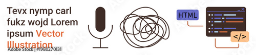 Voice recognition, programming, coding, digital communication, AI technology, and tech design. Microphone, tangled line and coding interface elements. Voice recognition and programming concept