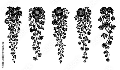 Hanging floral SVG bundle cascading flower arrangements vector set for cricut and decor isolated on white background