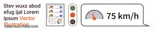 Traffic safety, speed monitoring, digital dashboard, vehicle telemetry, user interface design, road analytics. Speedometer showing 75 kmh, status icons for face data and emotions. Traffic safety