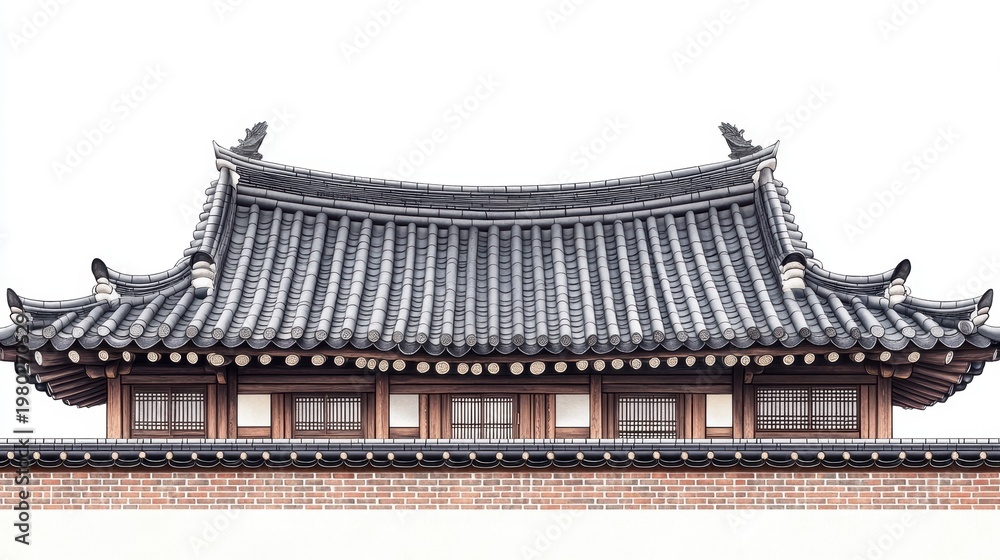 Fototapeta premium Korean traditional brick wall in seoul city road,south korea, sakura or Beotkkot flower in Korean language, Korean hanok roofline,spring season concept.