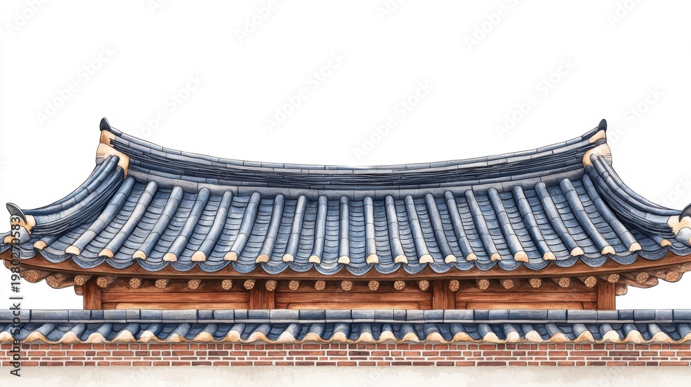 Fototapeta premium Korean traditional brick wall in seoul city road,south korea, sakura or Beotkkot flower in Korean language, Korean hanok roofline,spring season concept.