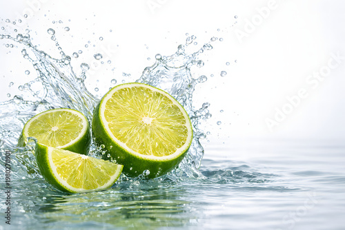 Fresh Lime Splash in Water Isolated on White Background, Citrus Fruit Refreshment Concept, Healthy Drink Ingredient, Summer Beverage Advertising Banner