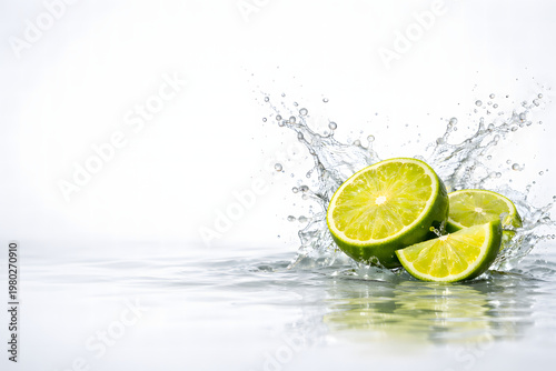 Fresh Lime Splash in Water with Copy Space, Citrus Fruit Refreshment, Healthy Beverage Ingredient, Summer Drink Advertising Background