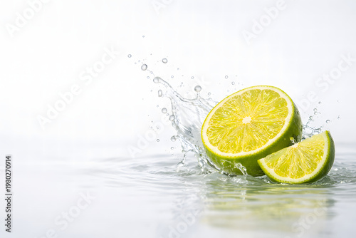 Fresh Lime Splash in Water Isolated on White Background, Citrus Drink Concept, Refreshing Healthy Beverage Advertising Banner