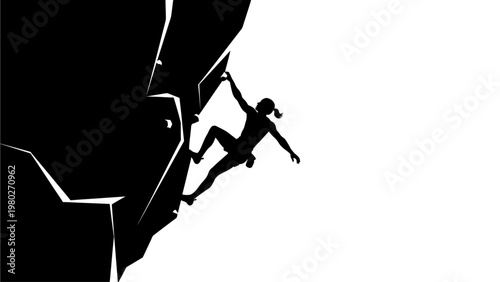 Silhouette of a person climbing up a large rock formation against a plain white background with dramatic lighting.