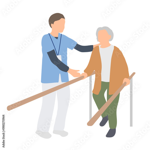 平行棒で歩行訓練を行う高齢女性と介護スタッフ