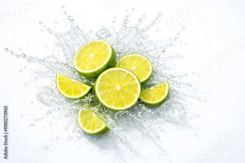 Fresh Lime Slices Splashing in Water, Top View Citrus Composition on Clean Background for Beverage Advertising