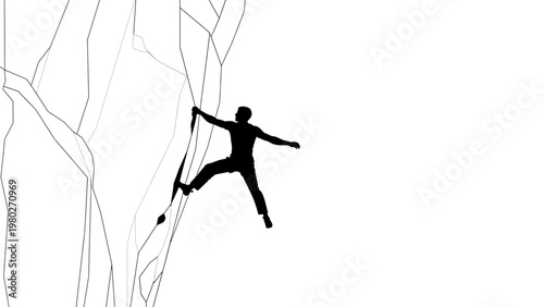 A silhouette of a person climbing a tree with outstretched arms and legs against a white background with bare tree branches.