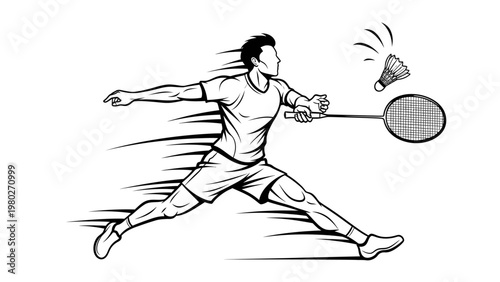 A dynamic illustration of a man playing badminton with a racket and shuttlecock in mid-air, depicted in a bold black and white line art style.