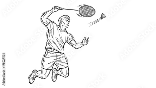 A man in athletic clothing jumps to hit a shuttlecock with a badminton racket in mid-air against a plain white background.