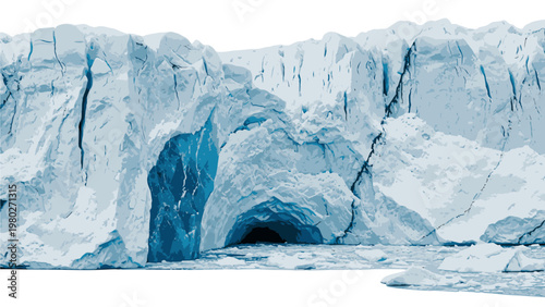 Large glacier with a cave entrance in the ice, set against a white background with shades of blue and white, conveying a cold and serene mood.