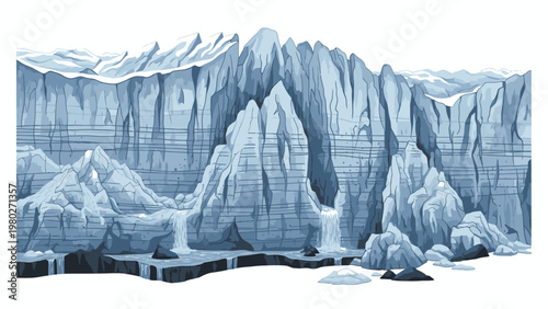 Illustration of a detailed, icy glacier landscape with jagged ice formations and a white background.