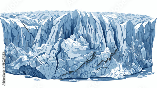 A large, cracked and broken blue ice floe on a white background with a shallow depth of field, conveying a cold and frozen mood.