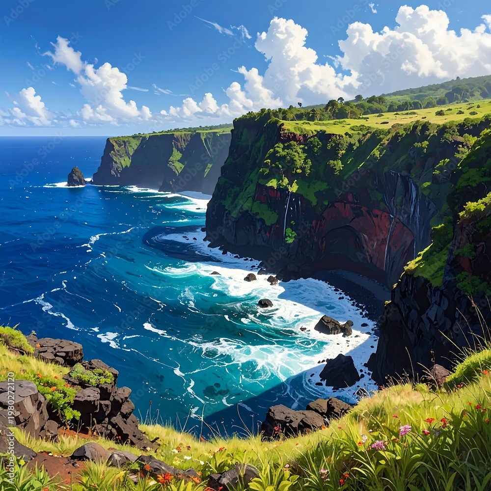 Naklejka premium A scenic cliffside overlooking ocean waves on a sunny day with lush greenery