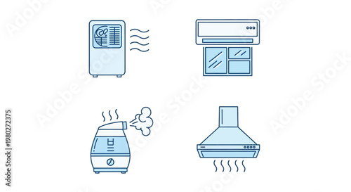 A minimalist illustration depicts various home appliances focused on air quality and temperature control