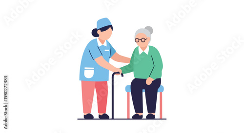 A female nurse wearing a blue uniform and cap provides support to an elderly woman with a cane sitting on a small chair.