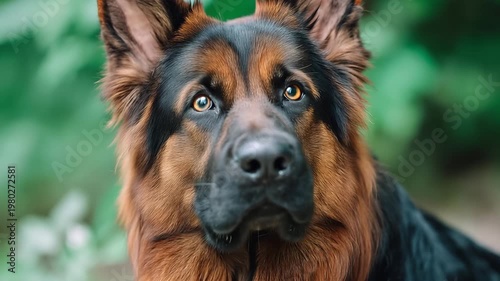 Dog with brown and black fur looking to the side in a green outdoor setting during daylight hours