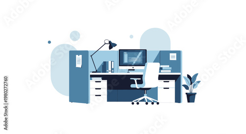Modern Minimalist Office Cubicle Workspace Illustration with Desktop Computer and Desk Chair