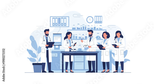 A group of professional medical researchers in lab coats are conducting experiments and analyzing data within a modern scientific laboratory setting.