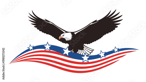 Graphic illustration of a bald eagle soaring over a waving American flag with stars on a white background.