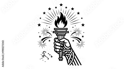 Black and white illustration of a hand holding a torch with flames and stars around it on a plain white background.