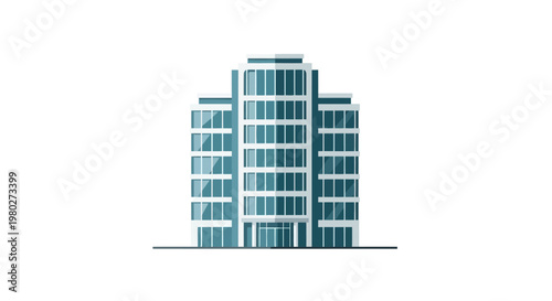 Modern Corporate Office Building Flat Vector Illustration - Sleek Glass Facade Skyscraper Icon Isolated on White Background for Real Estate and Business Design