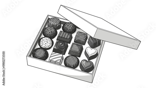 An open box of assorted chocolates with various shapes and designs on a plain white background in black and white.