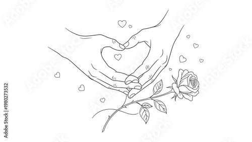 Line drawing of two hands forming a heart shape with a rose and hearts on a white background.