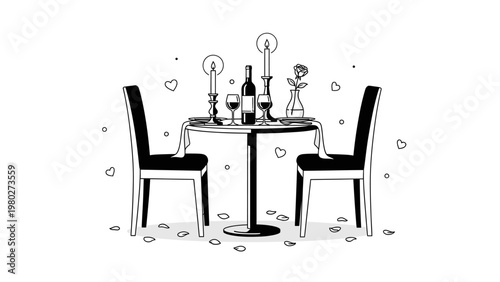 A black and white illustration of a romantic dinner setup with two chairs, a table, wine glasses, and a bottle, surrounded by hearts and petals on a plain background.