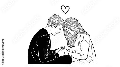 Black and white illustration of a young couple sitting together with heads close, holding hands, and a heart above them on a plain background.