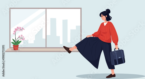 Modern Business Woman with Briefcase Taking a Large Step in Office, Concept of Career Growth, Ambition, and Success Flat Vector Illustration