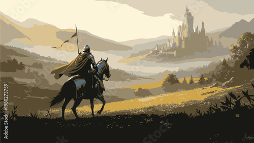 Illustration of a knight on horseback riding towards a castle in a landscape with rolling hills and mountains in the background with warm golden tones.