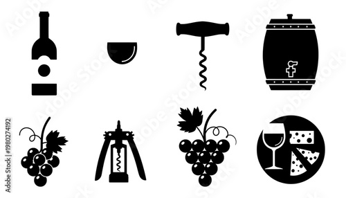 A collection of wine and cheese icons on a white background