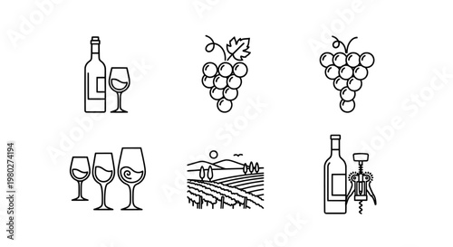 A collection of wine and grape icons in a simple line style