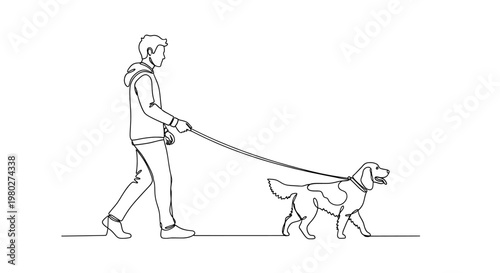 A man walking his dog on a leash in a simple line drawing style