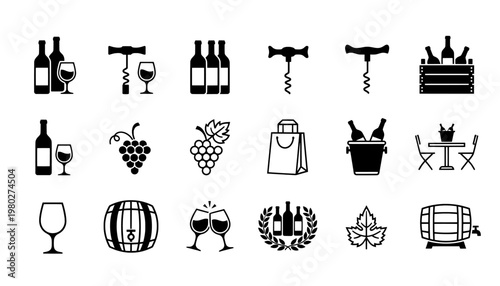 A collection of wine and grape icons on a white background