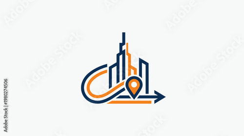 Modern Cityscape Logo with Location Pin and Arrow
