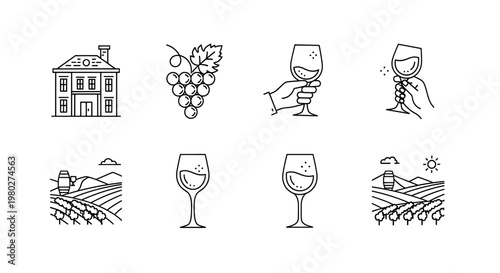 A set of wine icons including grapes, glasses, and vineyards