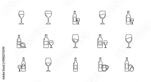 A collection of wine glasses and bottles in simple line art