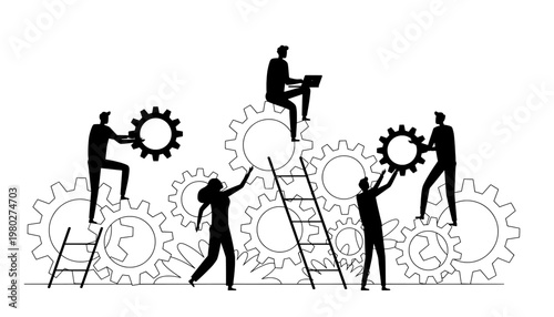 A group of business professionals working together with gears and ladders