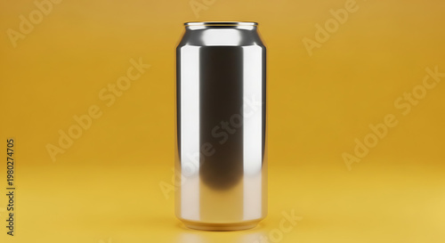 A single tall silver aluminum beverage can standing upright against a plain yellow background.