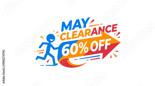 May Clearance Sale Banner with 60% Off and Running Stick Figure