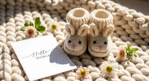 Knitted baby booties with bunny ears, card, and flowers on a textured blanket