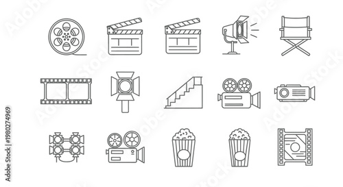 A collection of linear icons representing filmmaking cinema and movie production elements